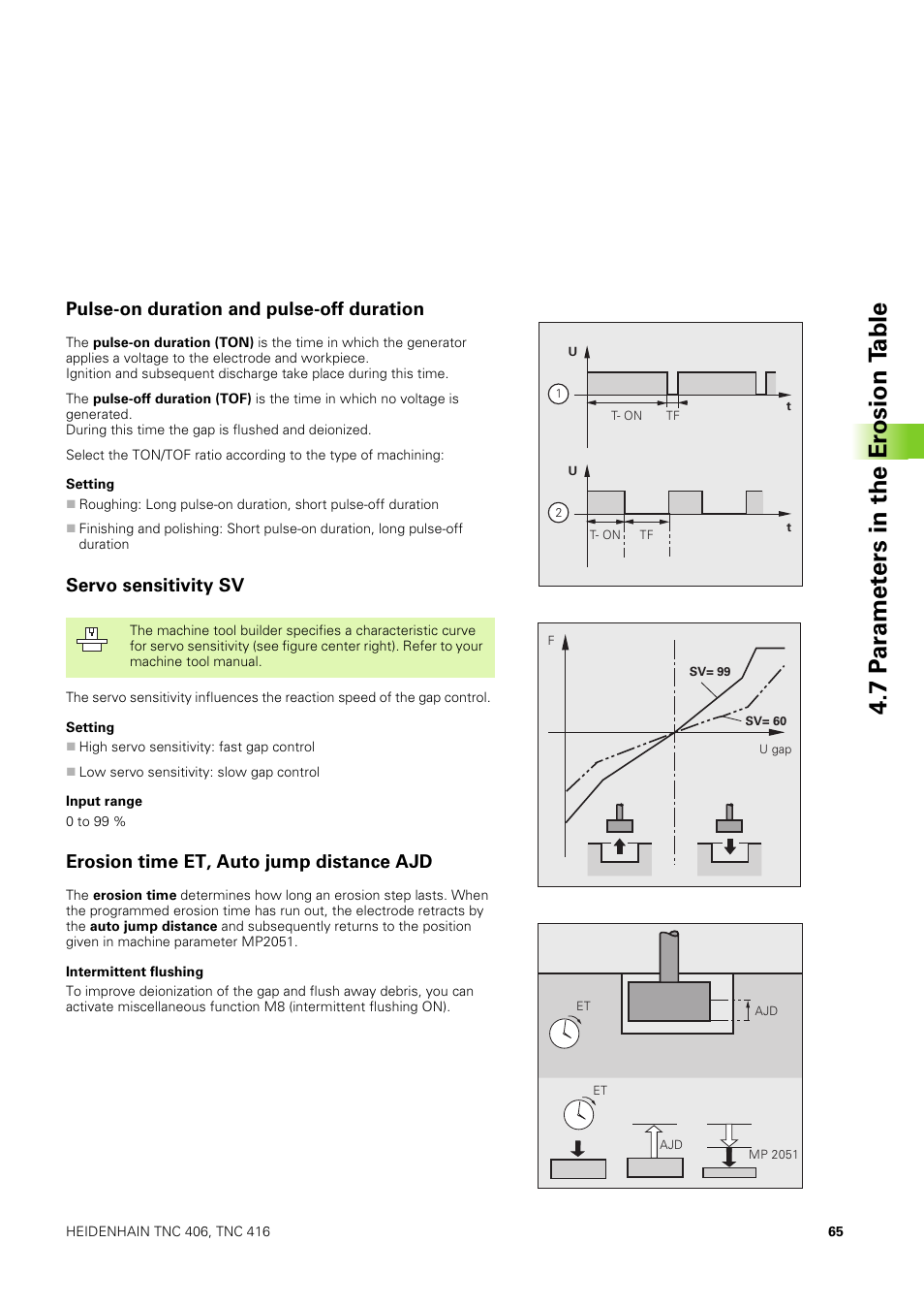 Pulse-on duration and pulse-off duration, Servo sensitivity sv, Erosion time et, auto jump distance ajd | 7 p ar amet ers in the er osion t able | HEIDENHAIN TNC 406 User Manual | Page 86 / 289