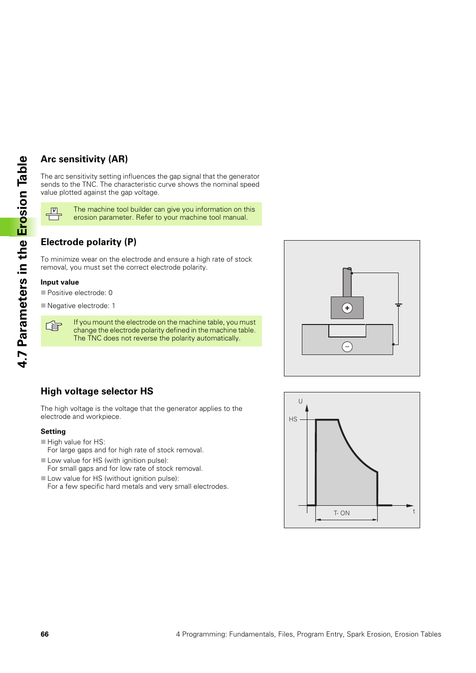 Arc sensitivity (ar), Electrode polarity (p), High voltage selector hs | 7 p ar amet ers in the er osion t able | HEIDENHAIN TNC 406 User Manual | Page 87 / 289