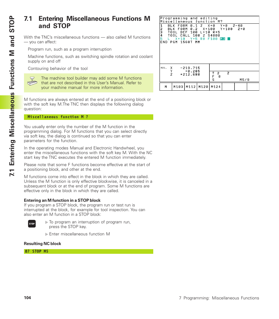 1 entering miscellaneous functions m and stop | HEIDENHAIN TNC 410 User Manual | Page 117 / 319