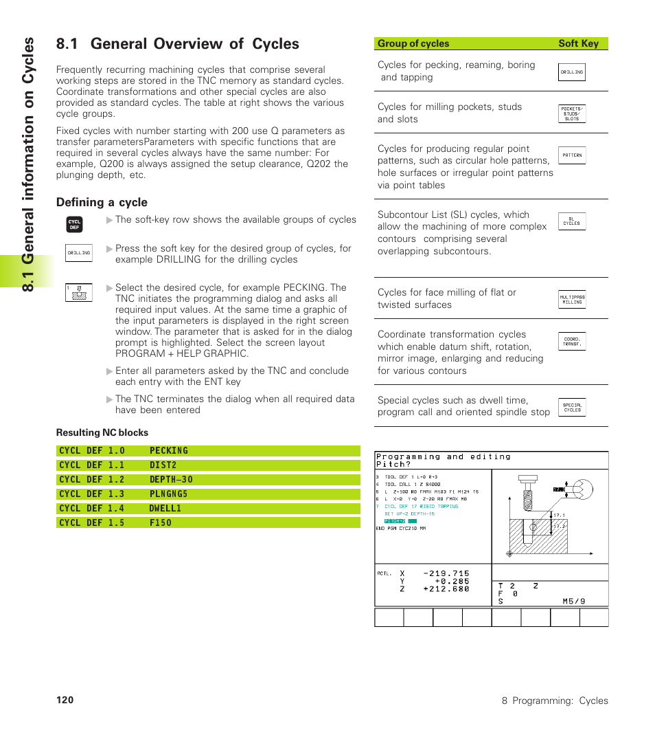 1 general overview of cycles, 1 gener al inf or mation on cy cles | HEIDENHAIN TNC 410 User Manual | Page 133 / 319