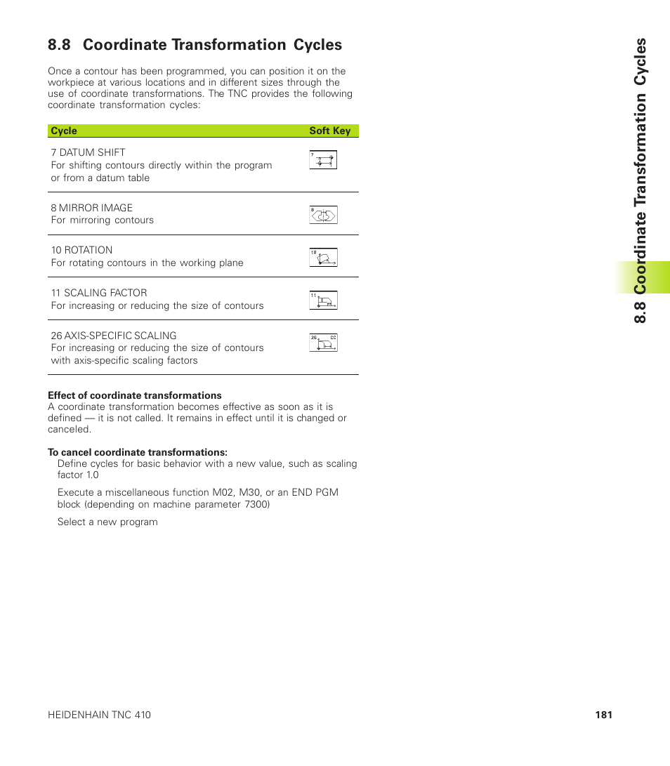 8 coordinate transformation cycles, 8 coor dinat e t ransf or mation cy cles | HEIDENHAIN TNC 410 User Manual | Page 194 / 319