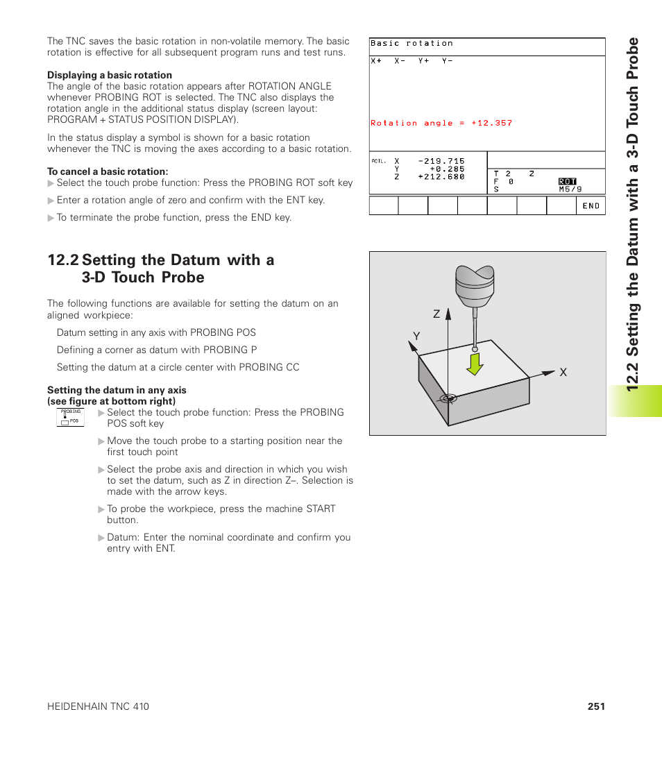 2 setting the datum with a 3-d touch probe, 2 set ting the d a tum with a 3-d touc h pr obe | HEIDENHAIN TNC 410 User Manual | Page 264 / 319