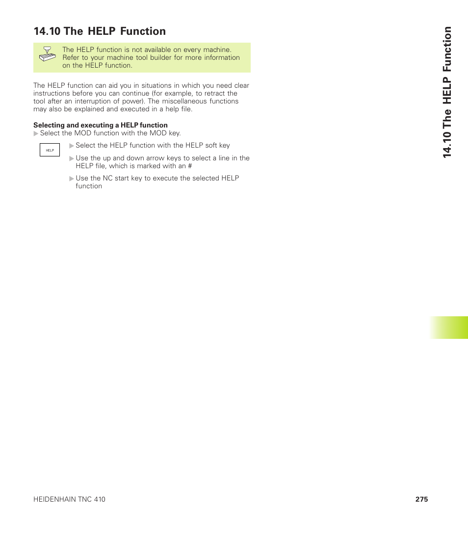 10 the help function, 1 0 the help f unction | HEIDENHAIN TNC 410 User Manual | Page 288 / 319