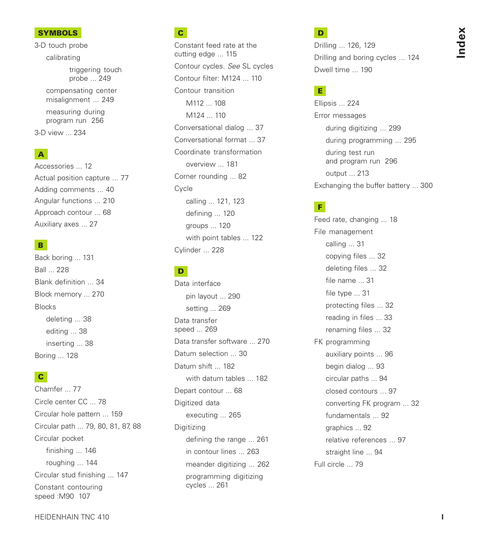 Index | HEIDENHAIN TNC 410 User Manual | Page 314 / 319