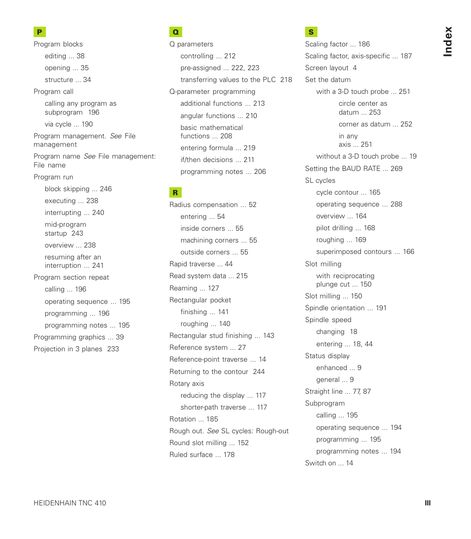 Index | HEIDENHAIN TNC 410 User Manual | Page 316 / 319