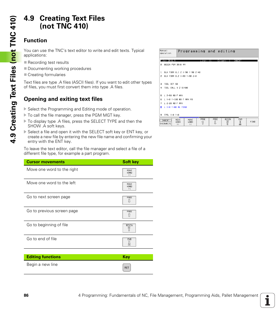 9 creating text files (not tnc 410), Function, Opening and exiting text files | HEIDENHAIN TNC 410 ISO Programming User Manual | Page 112 / 489