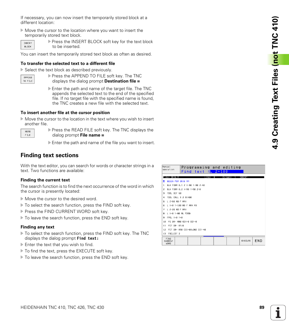 Finding text sections | HEIDENHAIN TNC 410 ISO Programming User Manual | Page 115 / 489