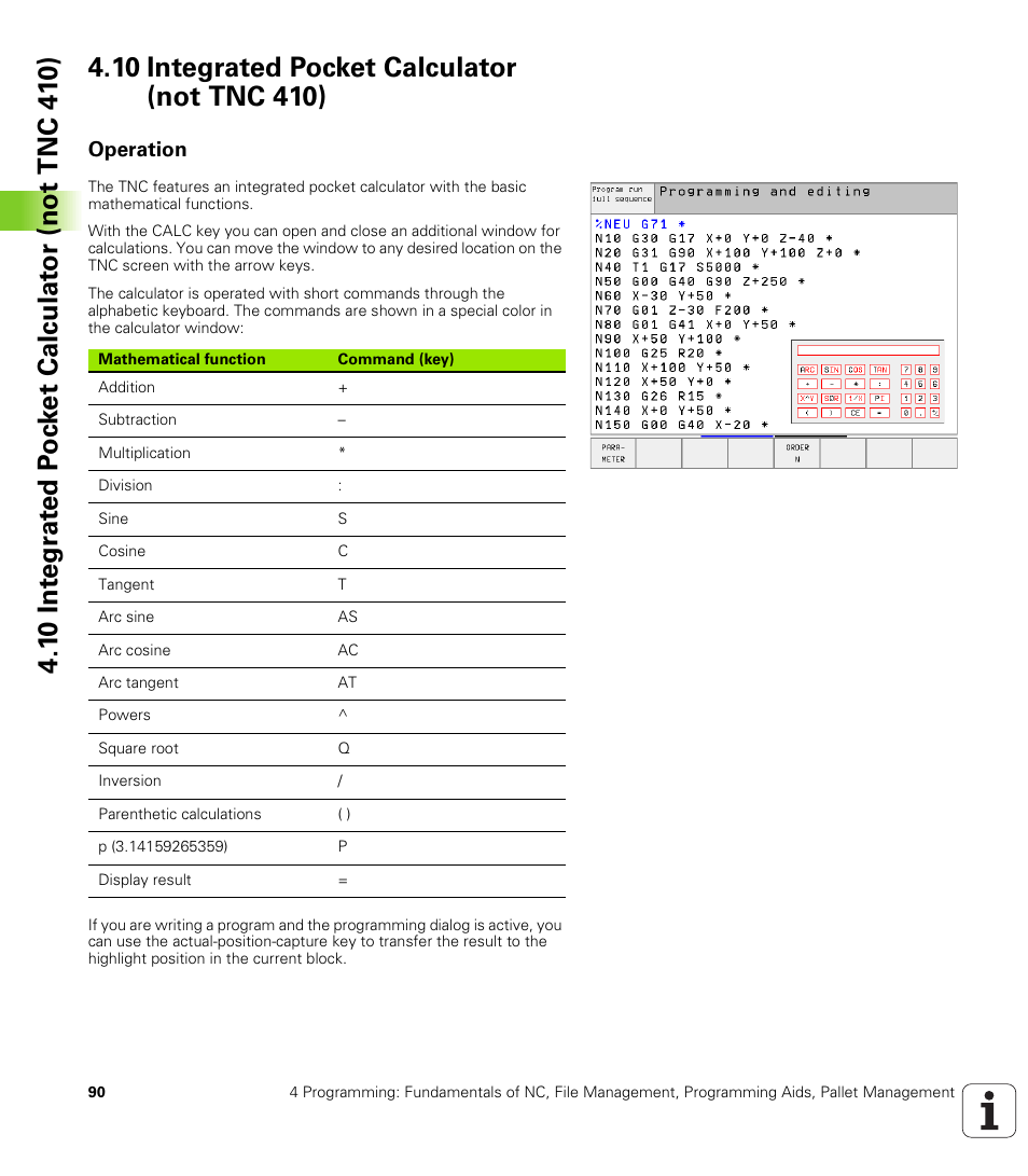 10 integrated pocket calculator (not tnc 410), Operation | HEIDENHAIN TNC 410 ISO Programming User Manual | Page 116 / 489