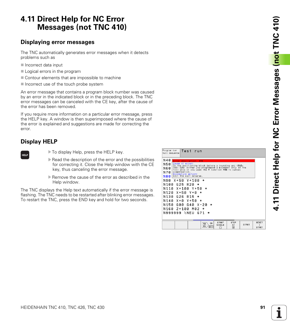 11 direct help for nc error messages (not tnc 410), Displaying error messages, Display help | HEIDENHAIN TNC 410 ISO Programming User Manual | Page 117 / 489