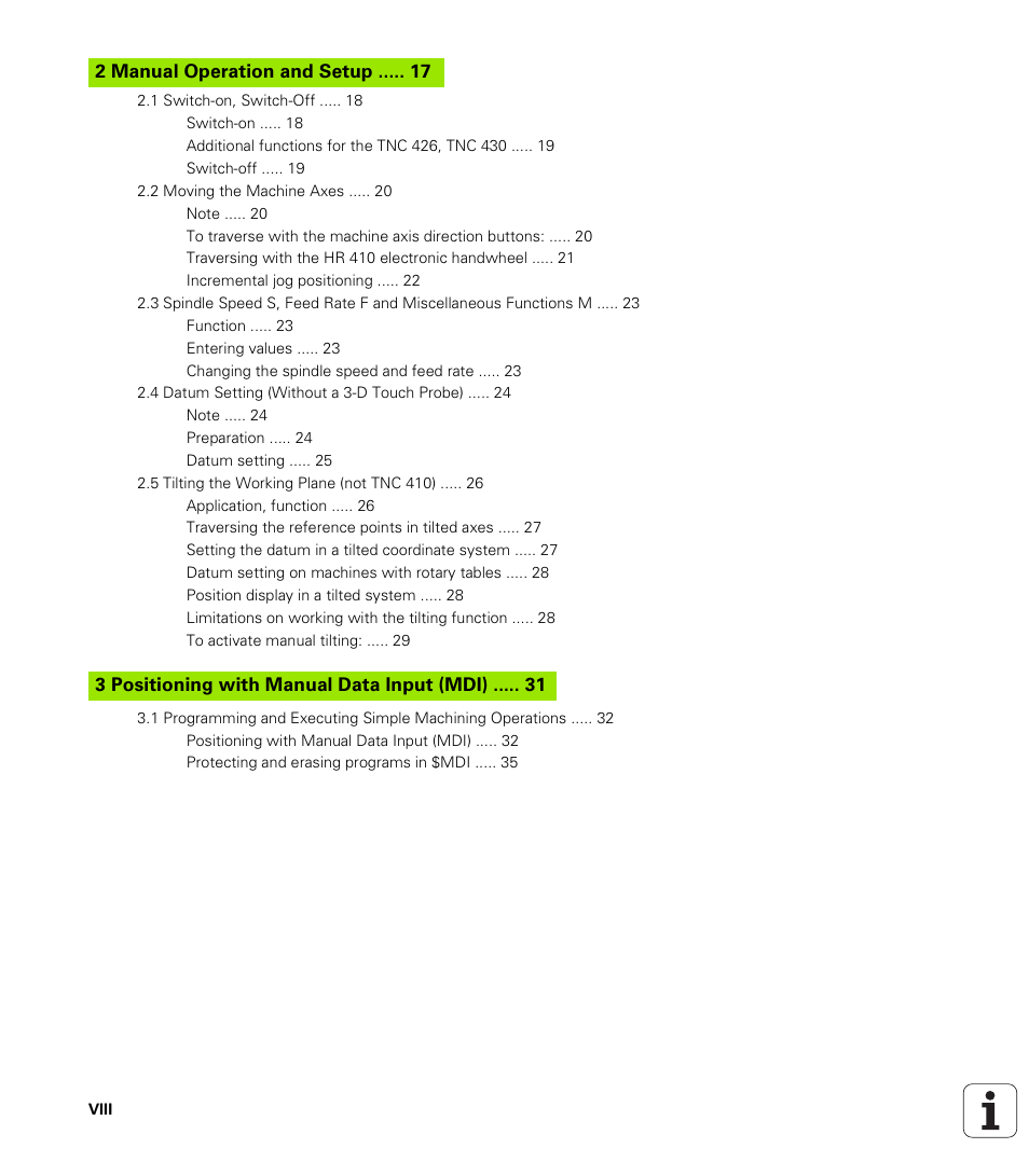 Manual operation and setup, Positioning with manual data input (mdi) | HEIDENHAIN TNC 410 ISO Programming User Manual | Page 12 / 489