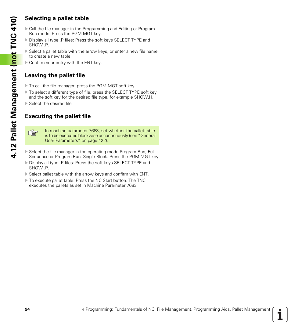 Selecting a pallet table, Leaving the pallet file, Executing the pallet file | HEIDENHAIN TNC 410 ISO Programming User Manual | Page 120 / 489