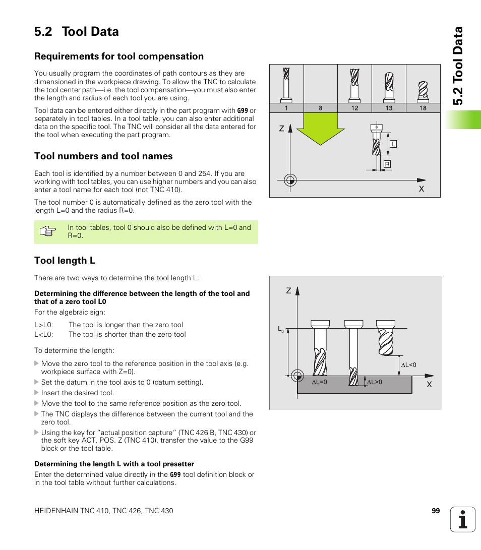 2 tool data, Requirements for tool compensation, Tool numbers and tool names | Tool length l, 2 t o ol d a ta 5.2 tool data | HEIDENHAIN TNC 410 ISO Programming User Manual | Page 125 / 489