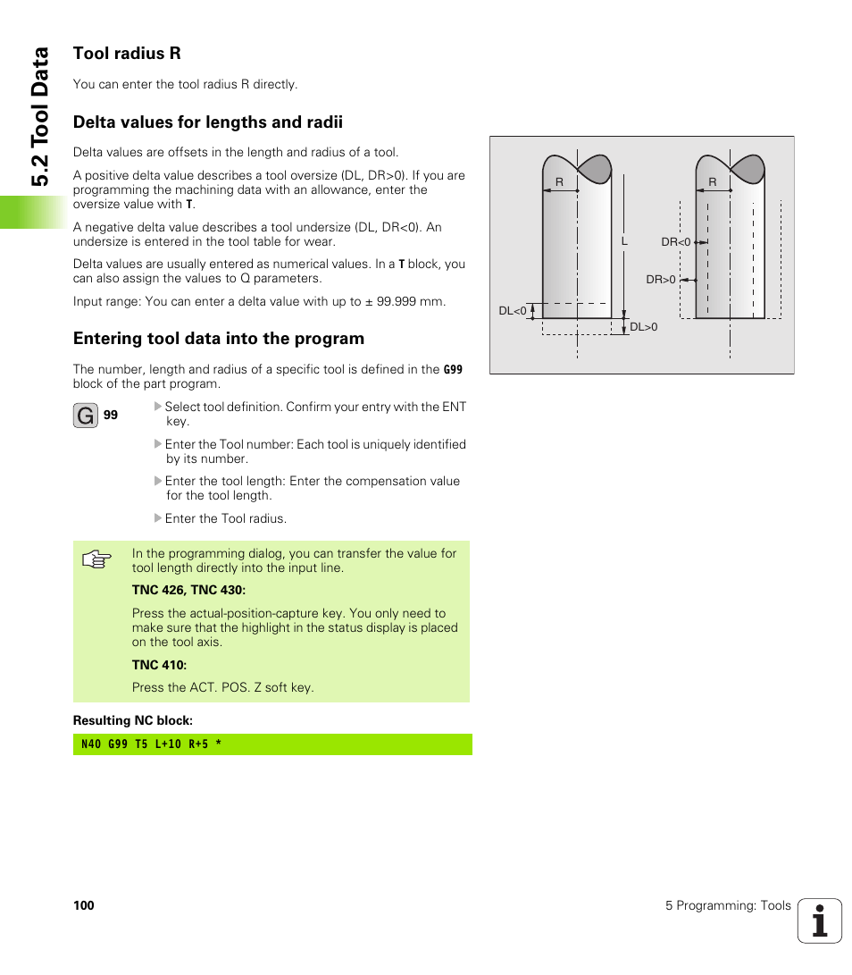 Tool radius r, Delta values for lengths and radii, Entering tool data into the program | 2 t o ol d a ta | HEIDENHAIN TNC 410 ISO Programming User Manual | Page 126 / 489