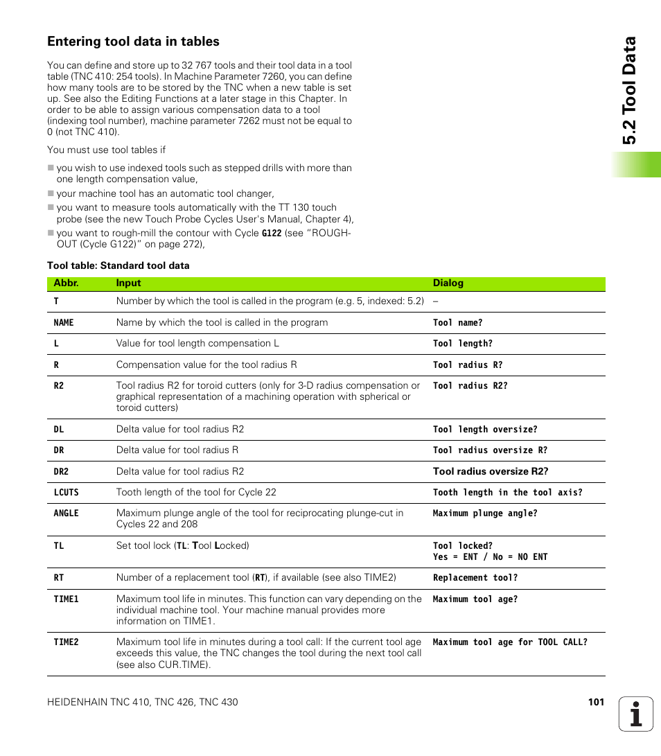 Entering tool data in tables, 2 t o ol d a ta | HEIDENHAIN TNC 410 ISO Programming User Manual | Page 127 / 489
