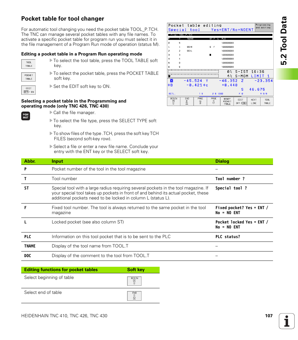 Pocket table for tool changer, 2 t o ol d a ta | HEIDENHAIN TNC 410 ISO Programming User Manual | Page 133 / 489