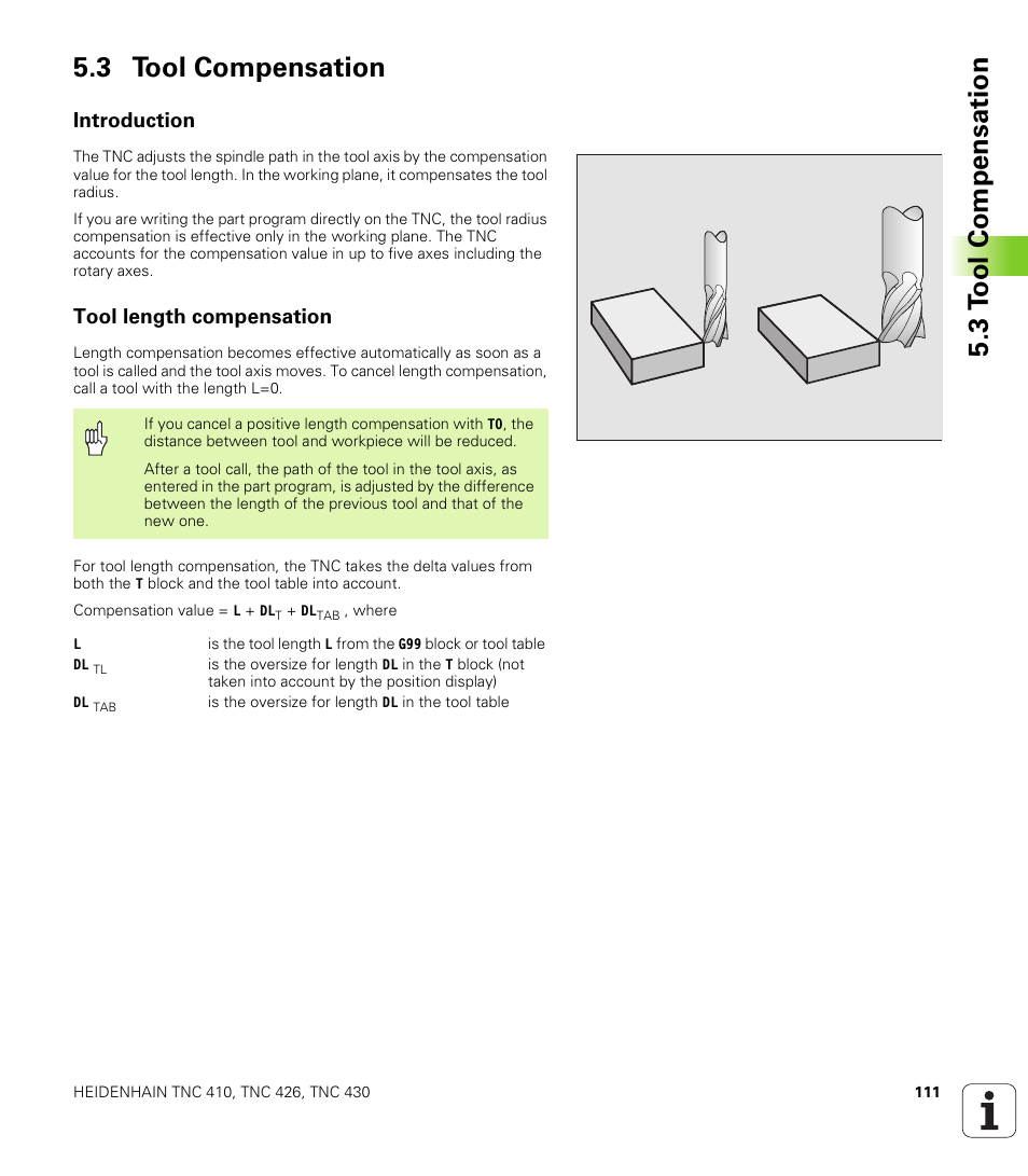 3 tool compensation, Introduction, Tool length compensation | HEIDENHAIN TNC 410 ISO Programming User Manual | Page 137 / 489