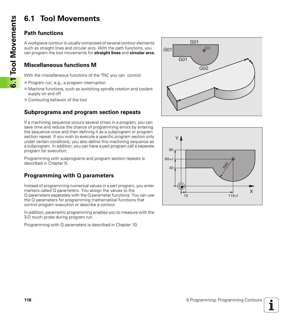 1 tool movements, Path functions, Miscellaneous functions m | Subprograms and program section repeats, Programming with q parameters, 1 t o ol mo v e men ts 6.1 tool movements | HEIDENHAIN TNC 410 ISO Programming User Manual | Page 144 / 489