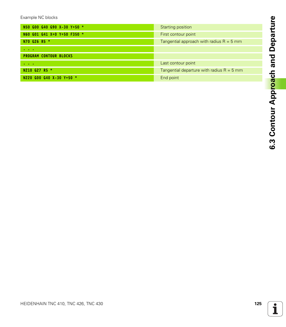 3 con tou r a ppr oa c h and dep a rt ur e | HEIDENHAIN TNC 410 ISO Programming User Manual | Page 151 / 489