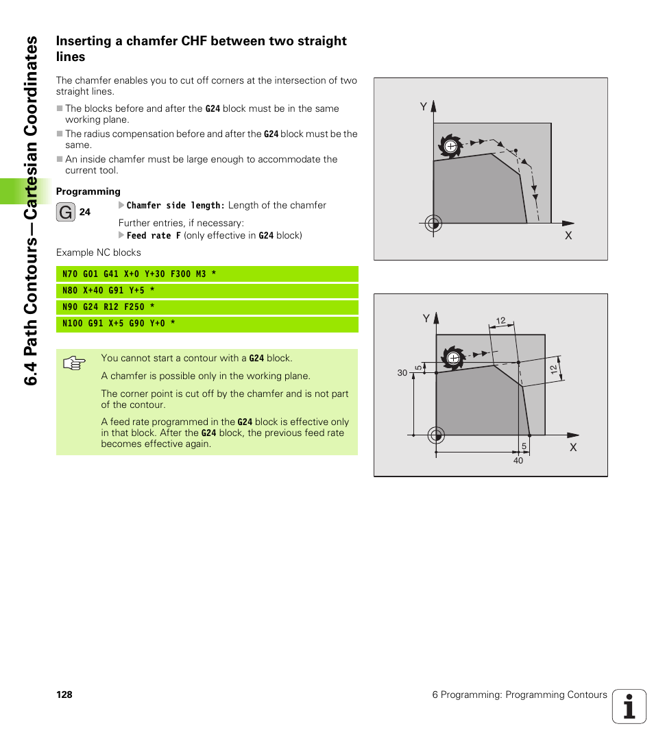 Inserting a chamfer chf between two straight lines, Chamfer between two straight lines, Length of chamfer r | HEIDENHAIN TNC 410 ISO Programming User Manual | Page 154 / 489