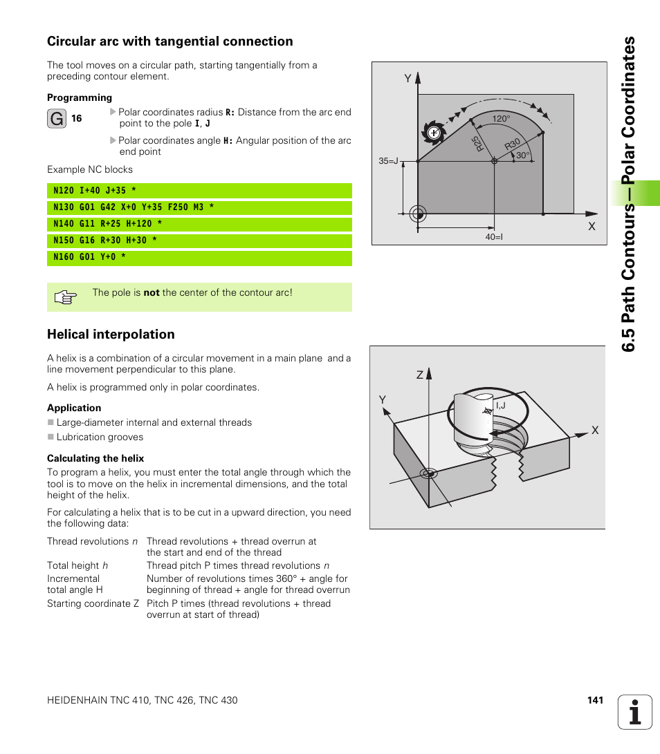 Circular arc with tangential connection, Helical interpolation, Polar radius, polar angle of the arc end point | 5 p a th co nt o u rs —p olar co or d inat e s | HEIDENHAIN TNC 410 ISO Programming User Manual | Page 167 / 489