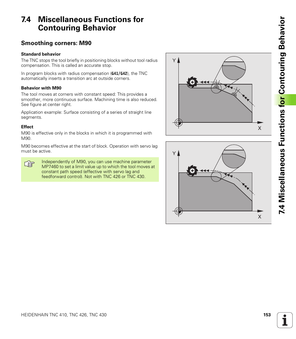 4 miscellaneous functions for contouring behavior, Smoothing corners: m90 | HEIDENHAIN TNC 410 ISO Programming User Manual | Page 179 / 489