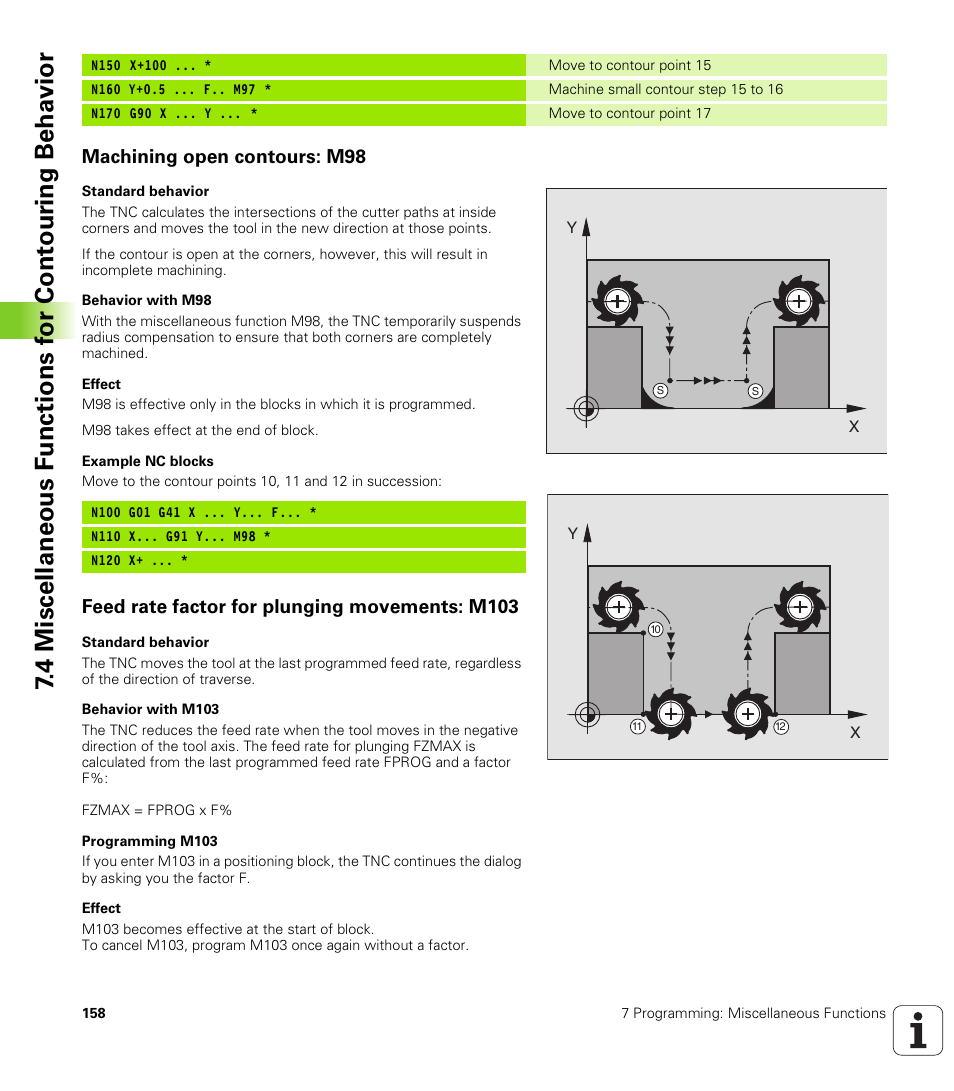 Machining open contours: m98, Feed rate factor for plunging movements: m103 | HEIDENHAIN TNC 410 ISO Programming User Manual | Page 184 / 489