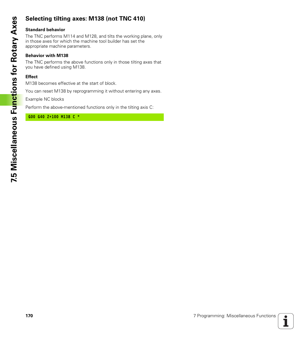 Selecting tilting axes: m138 (nottnc410), Selecting tilting axes: m138 (not tnc 410) | HEIDENHAIN TNC 410 ISO Programming User Manual | Page 196 / 489