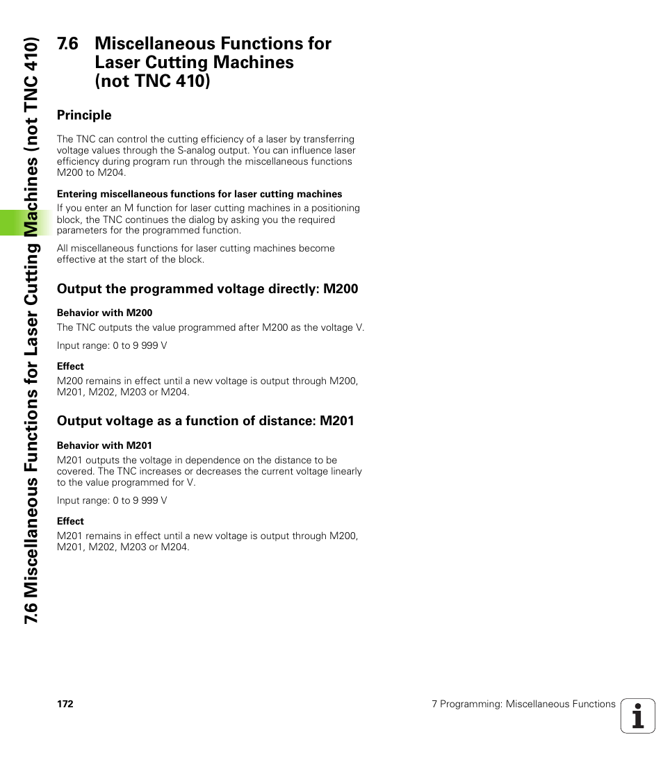 Principle, Output the programmed voltage directly: m200, Output voltage as a function of distance: m201 | HEIDENHAIN TNC 410 ISO Programming User Manual | Page 198 / 489