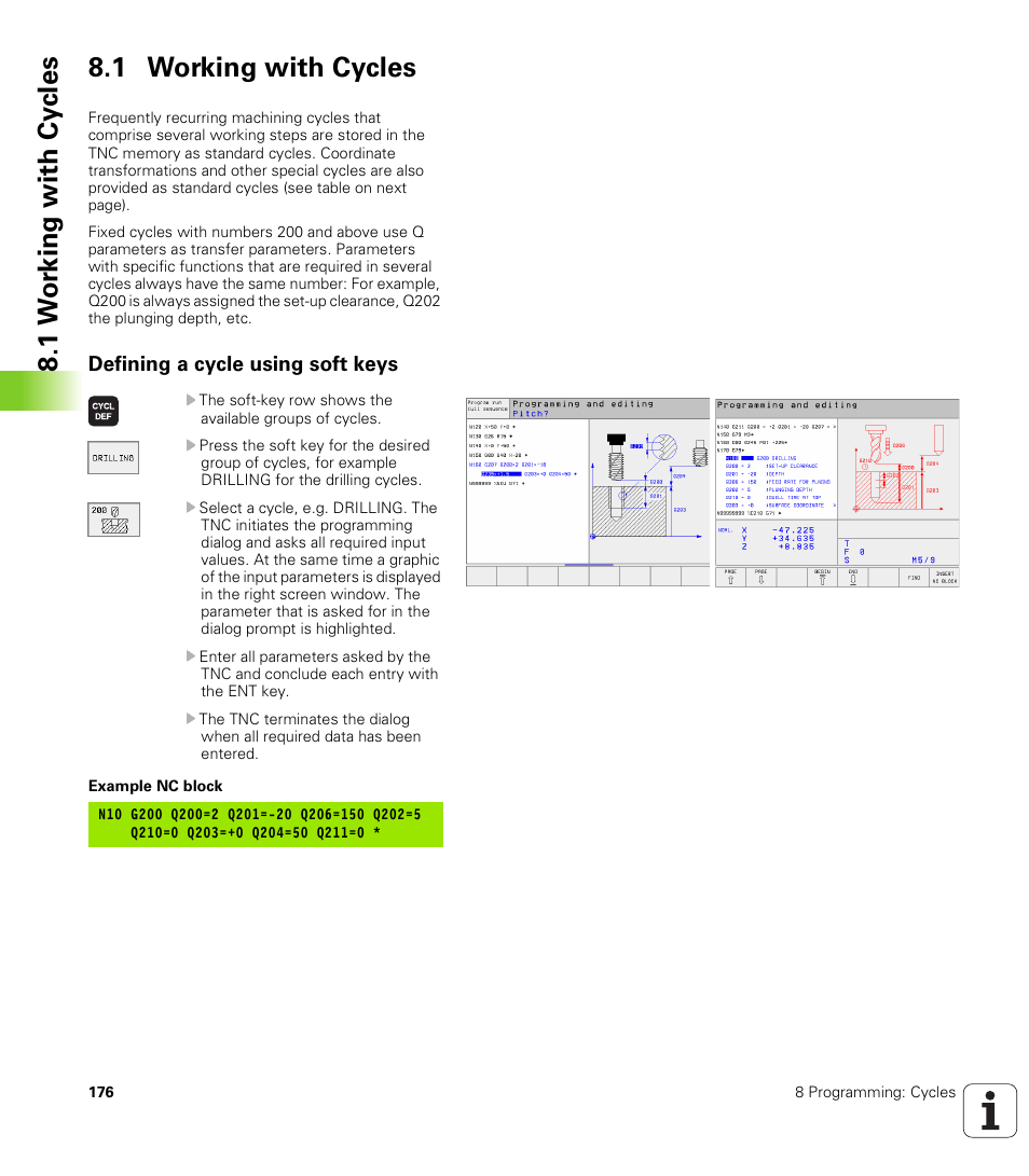 1 working with cycles, Defining a cycle using soft keys | HEIDENHAIN TNC 410 ISO Programming User Manual | Page 202 / 489