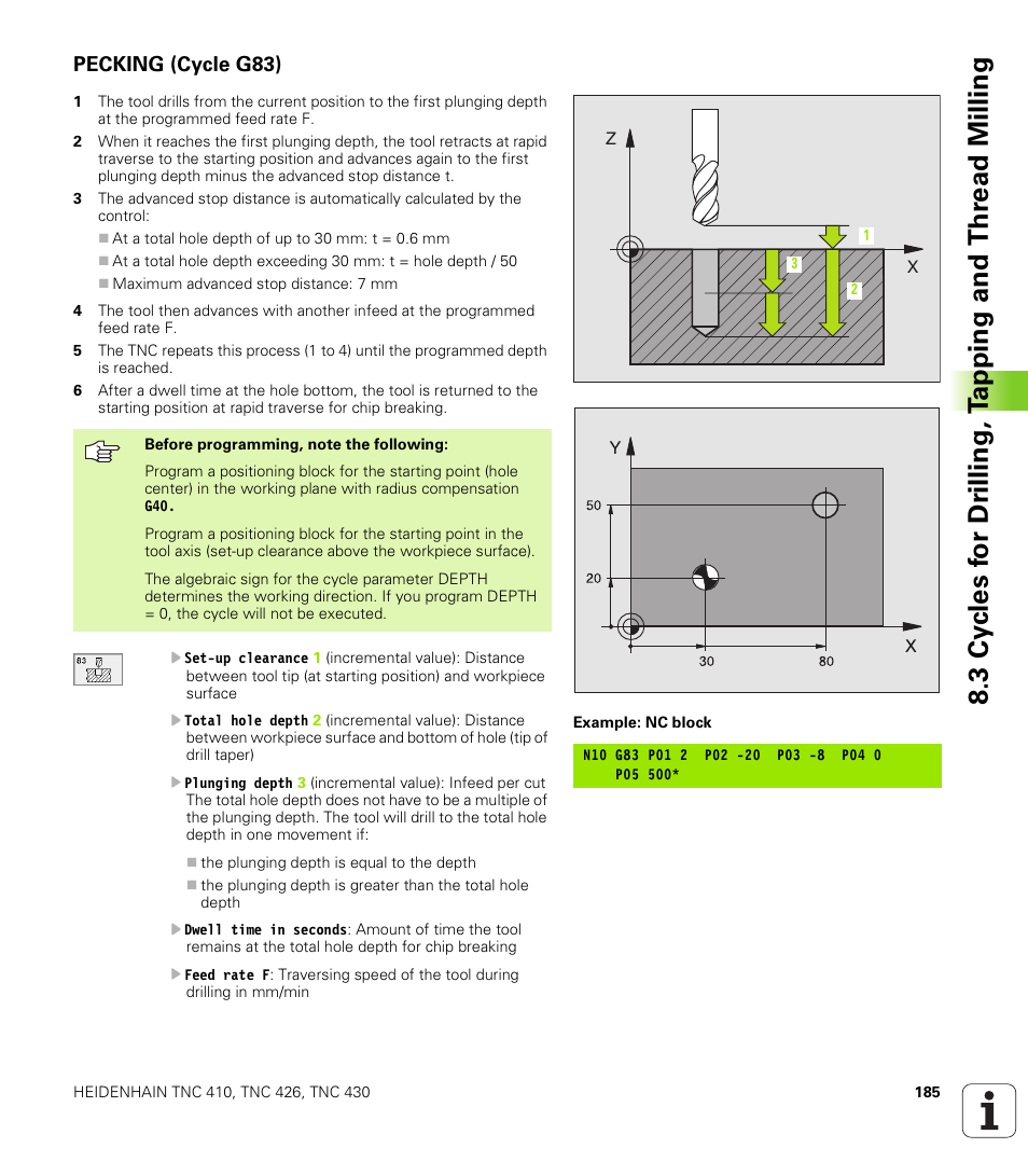 Pecking (cycle g83), G83 pecking without automatic pre-positioning | HEIDENHAIN TNC 410 ISO Programming User Manual | Page 211 / 489