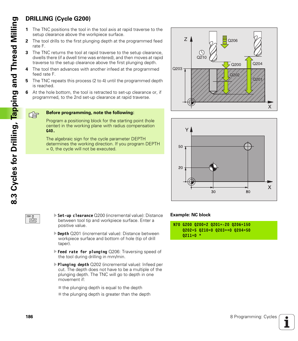 Drilling (cycle g200) | HEIDENHAIN TNC 410 ISO Programming User Manual | Page 212 / 489