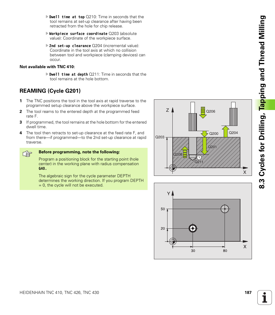 Reaming (cycle g201) | HEIDENHAIN TNC 410 ISO Programming User Manual | Page 213 / 489