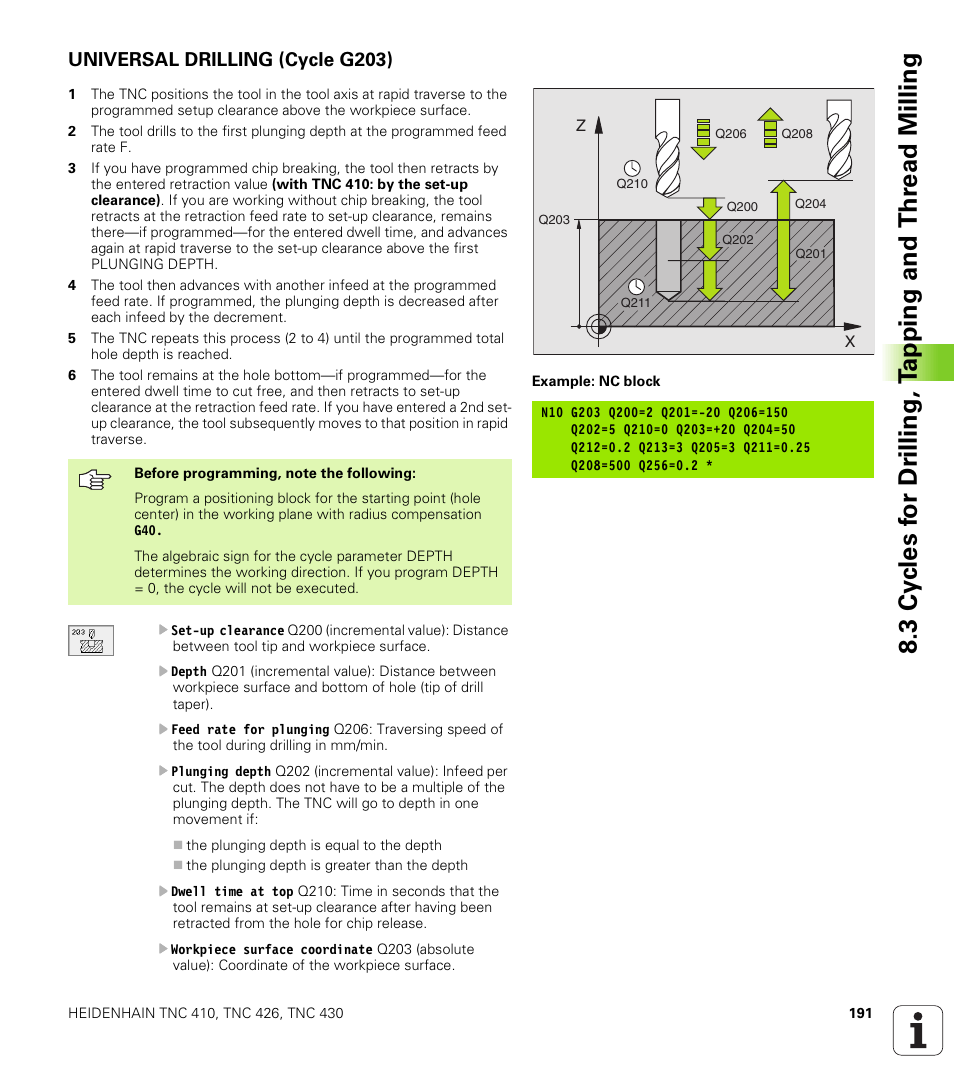 Universal drilling (cycle g203) | HEIDENHAIN TNC 410 ISO Programming User Manual | Page 217 / 489