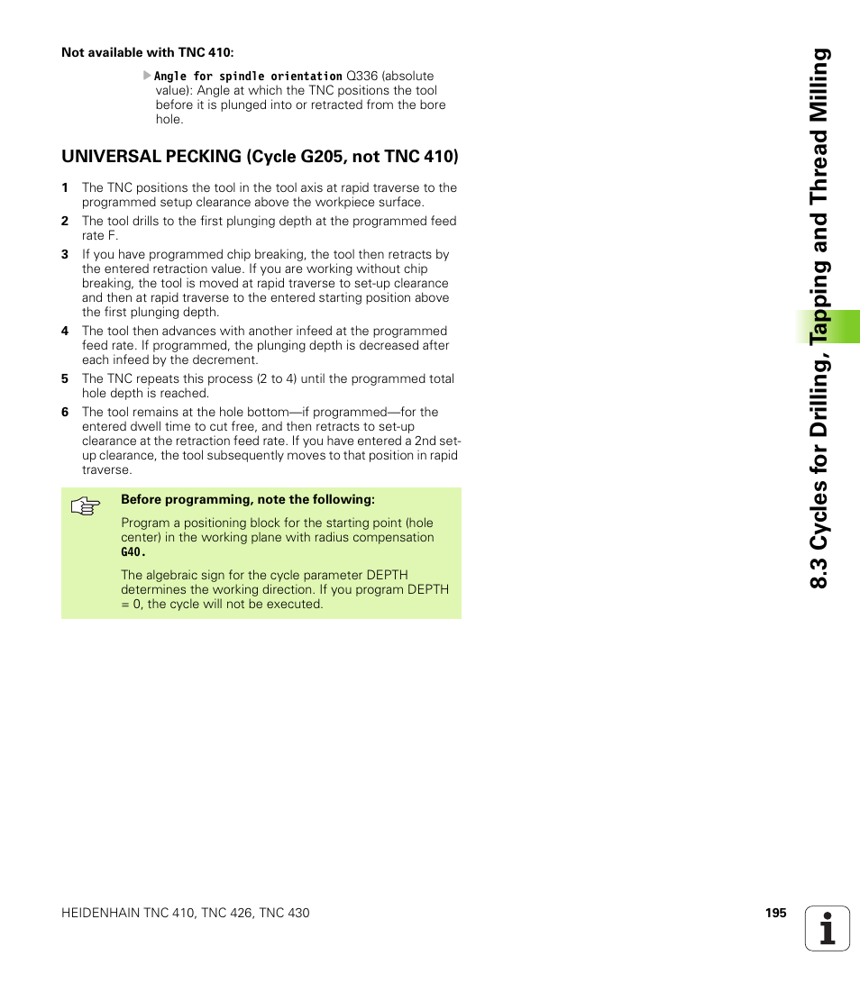 Universal pecking (cycle g205, not tnc 410) | HEIDENHAIN TNC 410 ISO Programming User Manual | Page 221 / 489