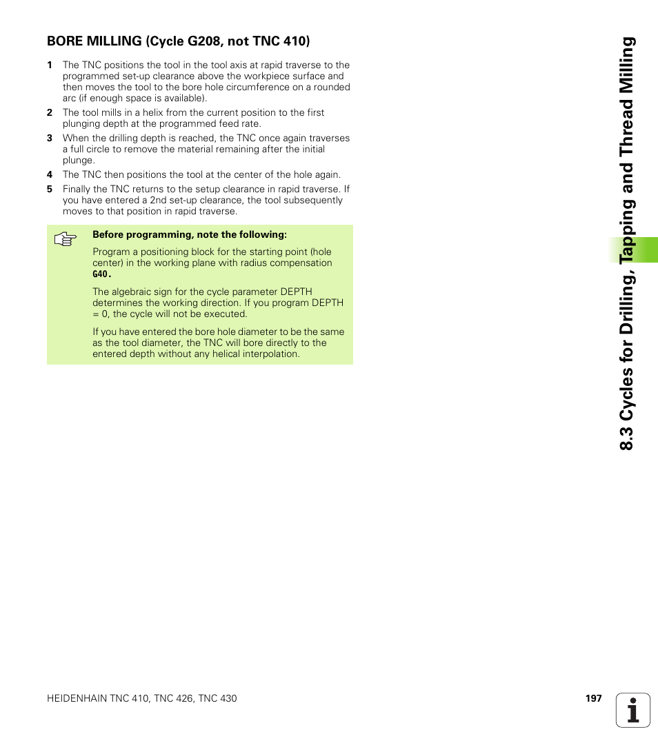 Bore milling (cycle g208, not tnc 410) | HEIDENHAIN TNC 410 ISO Programming User Manual | Page 223 / 489