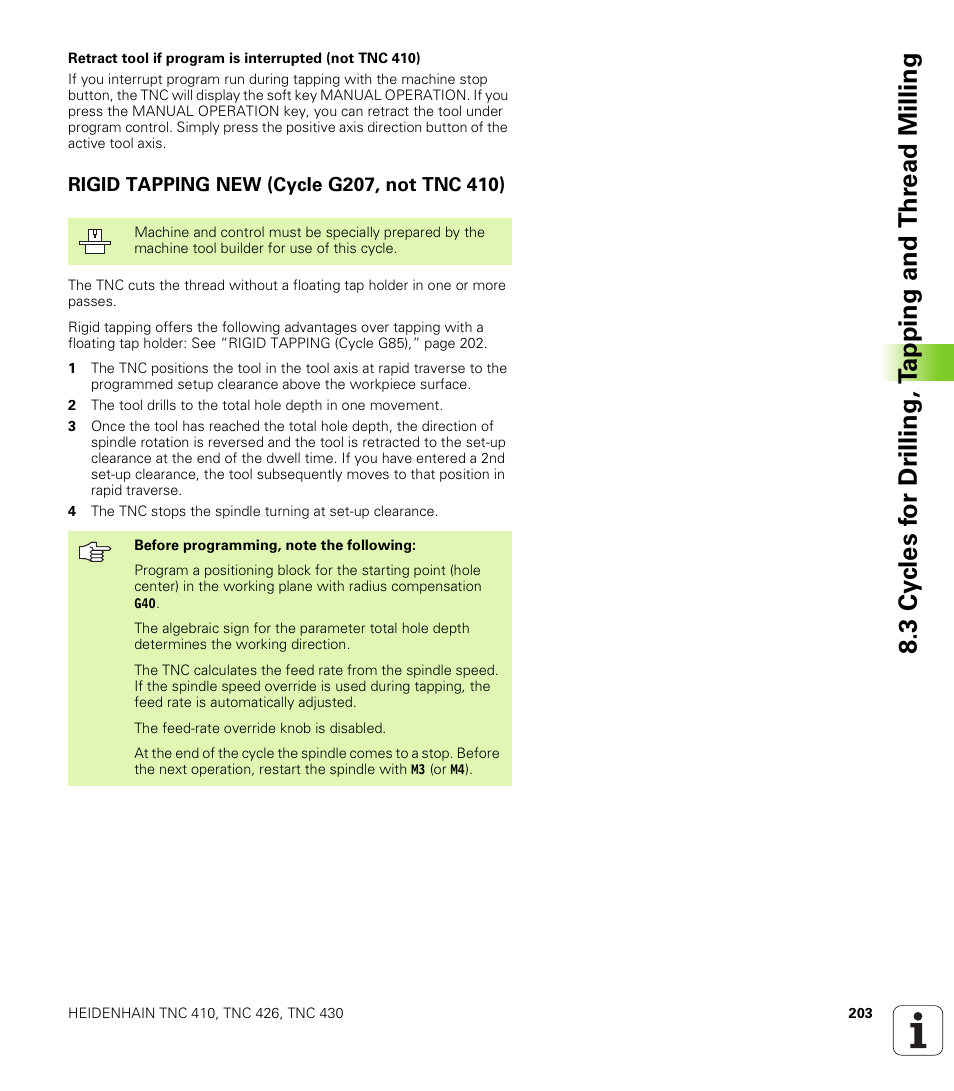 Rigid tapping new (cycle g207, not tnc 410) | HEIDENHAIN TNC 410 ISO Programming User Manual | Page 229 / 489