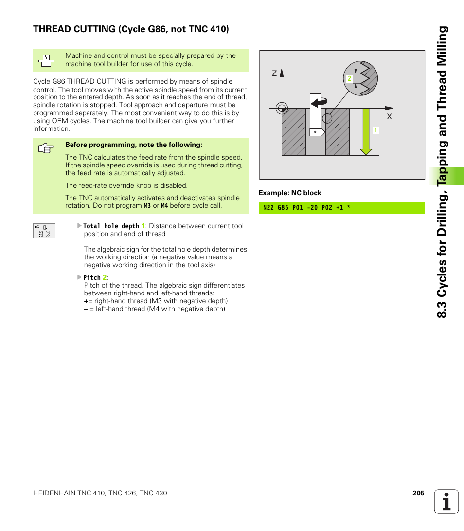 Thread cutting (cycle g86, not tnc 410), G86 thread cutting (not tnc 410) | HEIDENHAIN TNC 410 ISO Programming User Manual | Page 231 / 489