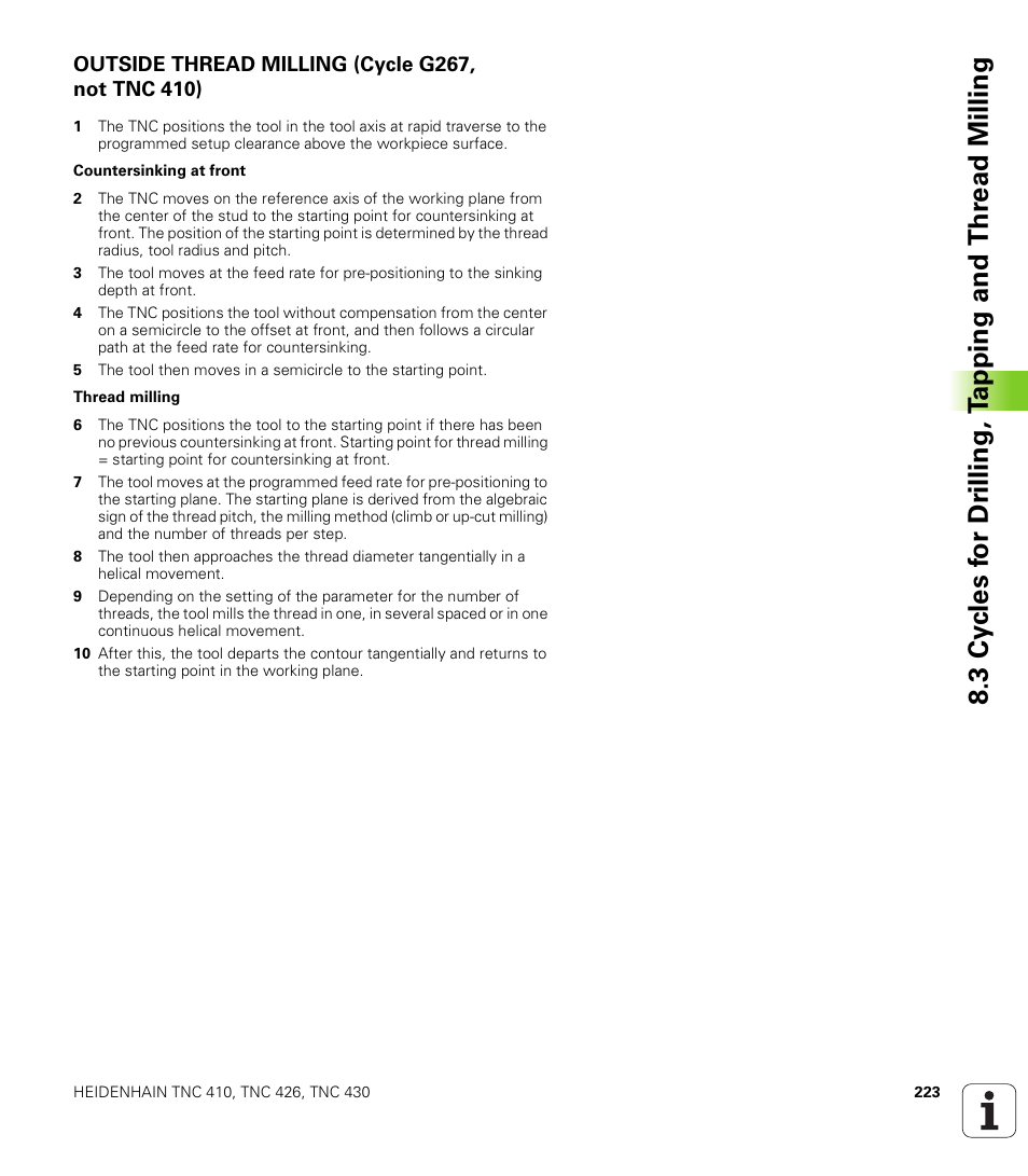 Outside thread milling (cycle g267, nottnc 410), Outside thread milling (cycle g267, not tnc 410) | HEIDENHAIN TNC 410 ISO Programming User Manual | Page 249 / 489