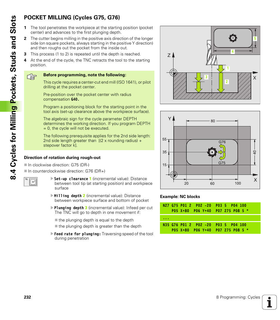 Pocket milling (cycles g75, g76) | HEIDENHAIN TNC 410 ISO Programming User Manual | Page 258 / 489