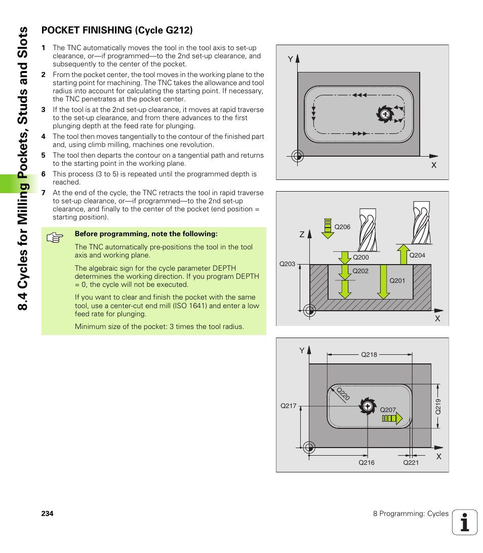 Pocket finishing (cycle g212) | HEIDENHAIN TNC 410 ISO Programming User Manual | Page 260 / 489