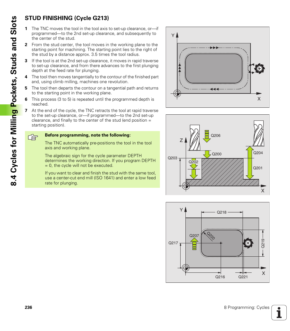 Stud finishing (cycle g213) | HEIDENHAIN TNC 410 ISO Programming User Manual | Page 262 / 489