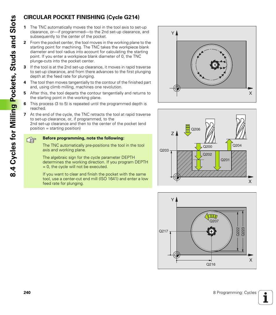Circular pocket finishing (cycle g214) | HEIDENHAIN TNC 410 ISO Programming User Manual | Page 266 / 489