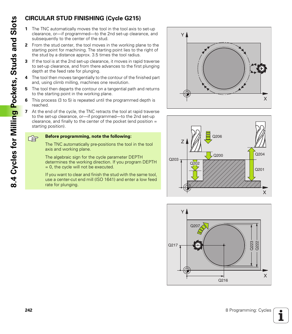 Circular stud finishing (cycle g215) | HEIDENHAIN TNC 410 ISO Programming User Manual | Page 268 / 489