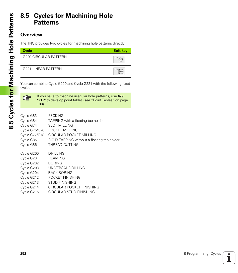 5 cycles for machining hole patterns, Overview | HEIDENHAIN TNC 410 ISO Programming User Manual | Page 278 / 489