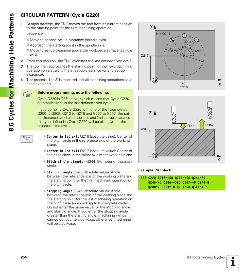 Circular pattern (cycle g220), G220 circular pattern | HEIDENHAIN TNC 410 ISO Programming User Manual | Page 280 / 489