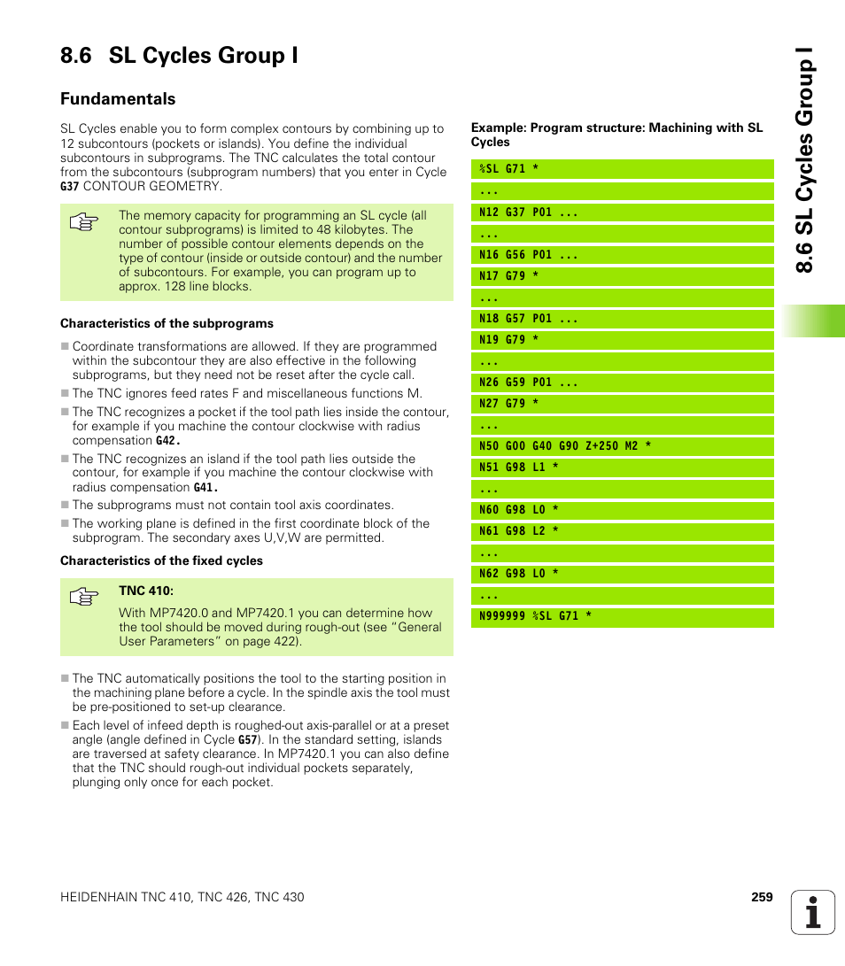 6 sl cycles group i, Fundamentals, 6 sl cy cles gr ou p i 8.6 sl cycles group i | HEIDENHAIN TNC 410 ISO Programming User Manual | Page 285 / 489