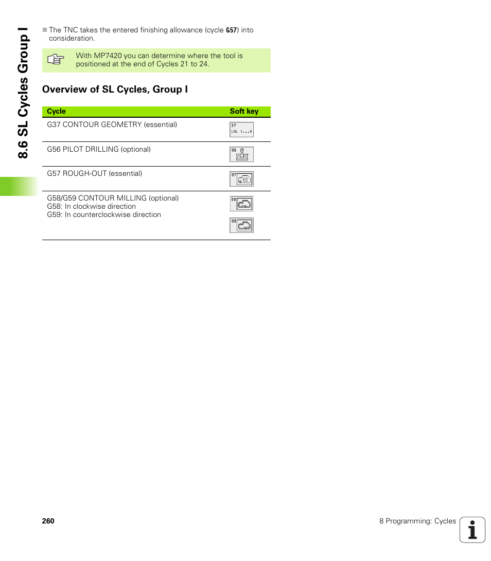 Overview of sl cycles, group i, 6 sl cy cles gr ou p i | HEIDENHAIN TNC 410 ISO Programming User Manual | Page 286 / 489