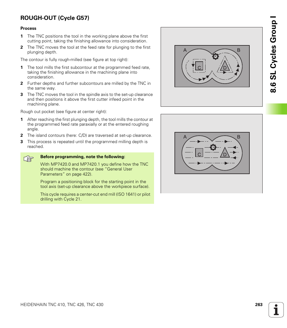 Rough-out (cycle g57), G57 rough-out (essential), 6 sl cy cles gr ou p i | HEIDENHAIN TNC 410 ISO Programming User Manual | Page 289 / 489