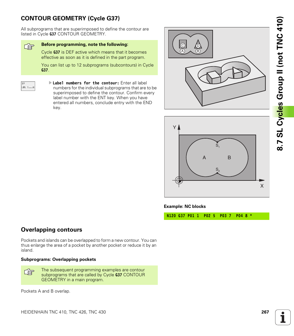 Contour geometry (cycle g37), Overlapping contours, G37 contour geometry (essential) | HEIDENHAIN TNC 410 ISO Programming User Manual | Page 293 / 489