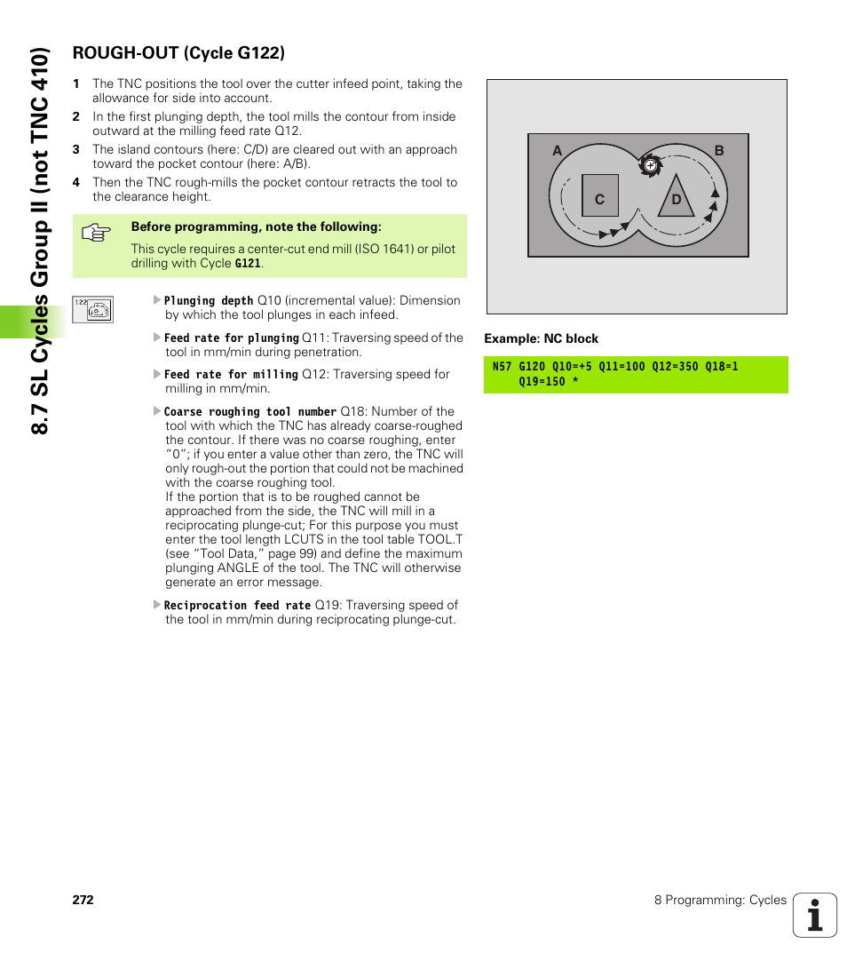 Rough-out (cycle g122), G122 rough-out (essential) | HEIDENHAIN TNC 410 ISO Programming User Manual | Page 298 / 489